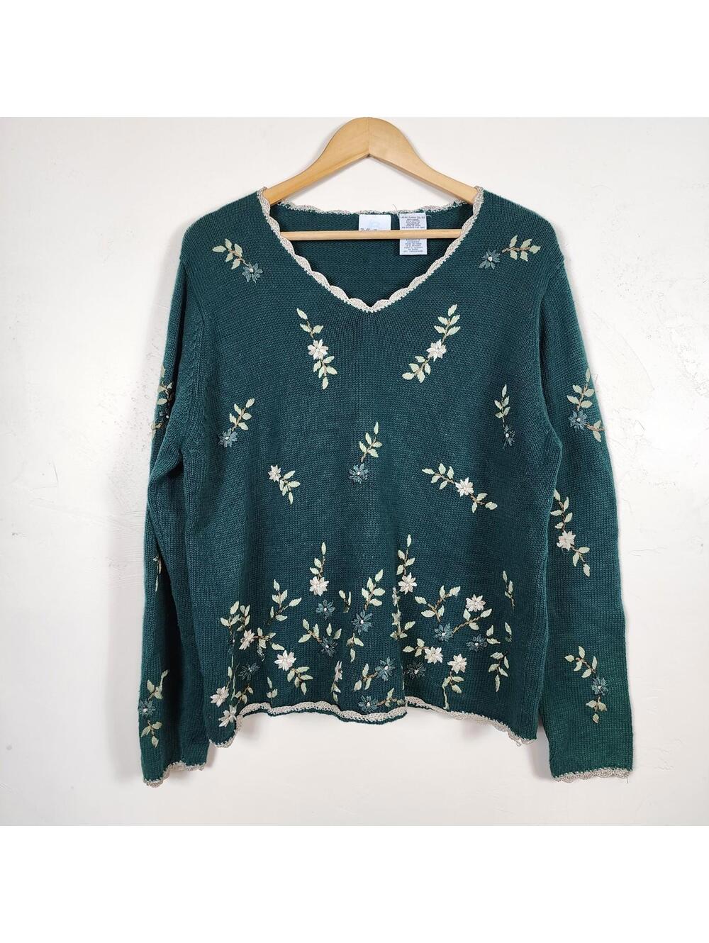 Vtg Bobbie Brooks Floral Embroidered Sweater XL Emerald Green V-Neck Fairycore